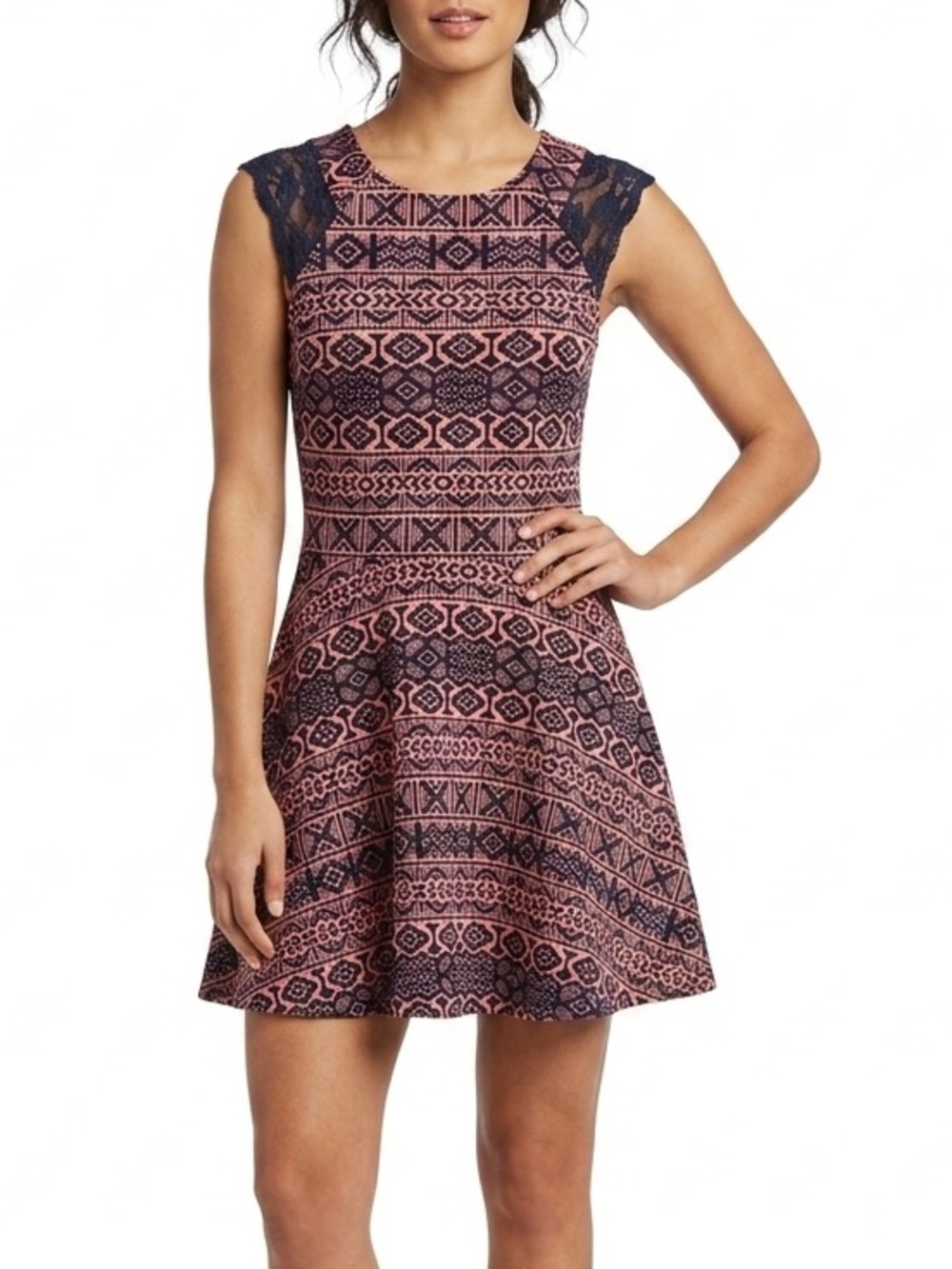 Necessary Objects Geometric Tribal Print Skater Mini Dress Pink Navy Sz L